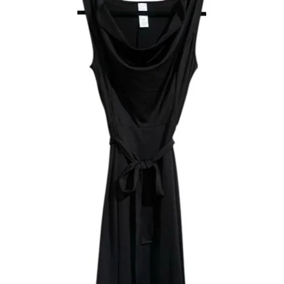 Elegant Sophisticated Sleeveless Black Cowl Neck Midi Dress With Tie Belt Size M - Picture 2 of 13